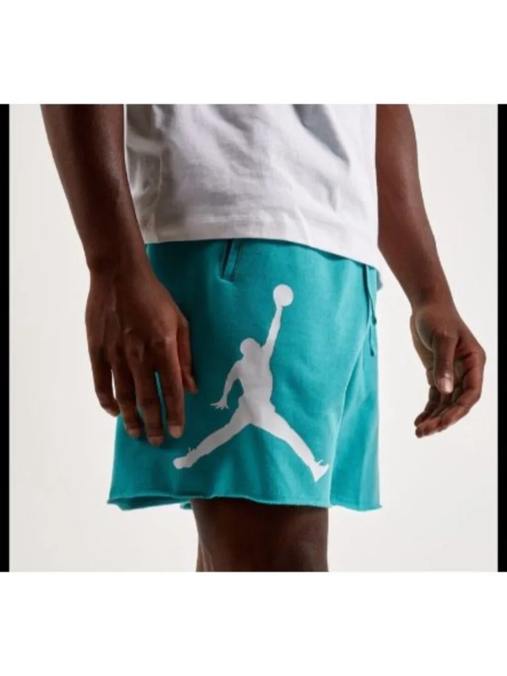 Mens Fleece Shorts Jordan Essentials Sz M Washed Teal Jumpman Logo Raw Hem Terry